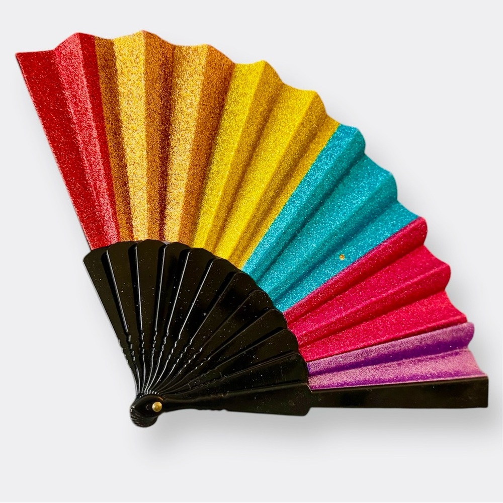 16” Vintage Rainbow Glitter Festival Folding Fan - Pride Parade Party Costume